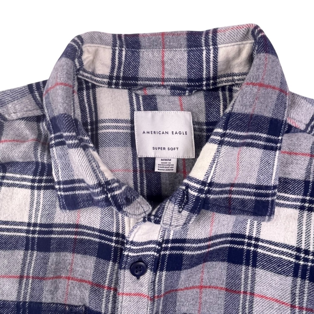 American Eagle Mens Super Soft Flannel Shirt Plaid Navy Grey Red Size Medium Y2K - Picture 3 of 9